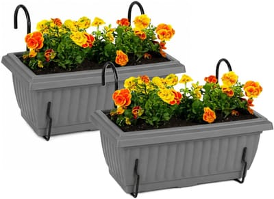 Plasticforte plantenbakken Windsor - set 2x stuks - antraciet - met twee ophangbeugels - 33 x 18 x 15 cm - kunststof - luxe bloembakken