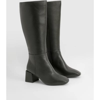 boohoo Dames Kniehoge laarzen met brede pasvorm en blockhak | Black | Maat: 3