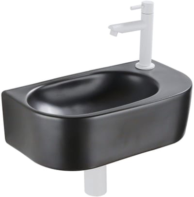 QeramiQ Fuente Fonteinset - 40x21.5x12cm - rechts - glad - halfrond - 1 kraangat - keramiek - fonteinkraan wit mat - afvoerplug - verlaagd sifon - zwart mat