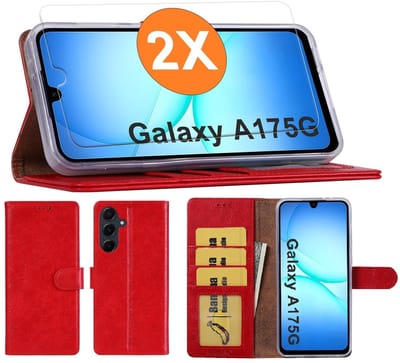Hoesje geschikt voor Samsung Galaxy A17 5G hoesje Rood pasjeshouder telefoon hoes - Met screenprotector tempered glass voor Galaxy A17 5G - 2x
