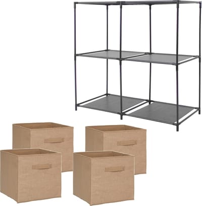 5Five Kastmandjes/opberg manden - lichtbruin - jute - 4x van 29 Liter - Metalen rekje is 68 x 70 cm