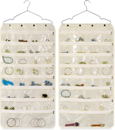 Famanu – Sieradenorganizer met ritsvakken, dubbelzijdige hangende kast organizer met 56 vakken, beige