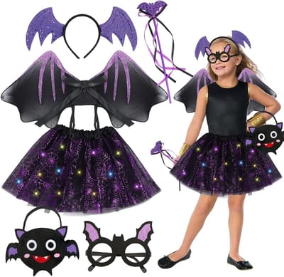 6-delige vleermuis kostuumset voor meisjes met LED tulle rok, vleermuisvleugels en haarband voor Halloween en carnaval