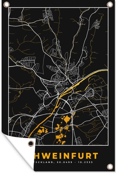 Muurdecoratie Duitsland – Black and Gold – Schweinfurt – Stadskaart – Kaart – Plattegrond - 120x180 cm - Tuinposter - Tuindoek