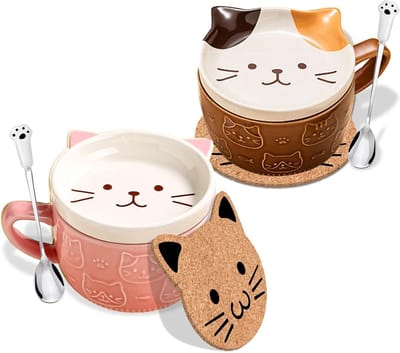 Schattige Kawaii Kat Mokken met Deksel - Leuke Verjaardagscadeaus voor Vrouwen - Originele Keramische Theekopjes voor Kattenliefhebbers - Cadeaus voor Feestdagen en Verjaardagen