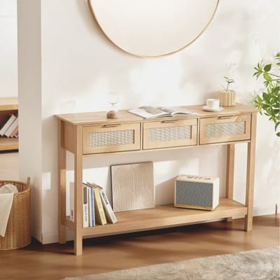 VEVOR rotan consoletafel met 3 lades, rotan haltafel met natuurlijke rotan schuifdeur, consoletafel voor woonkamer, thuiskantoor, hal of tv-wand, natuurlijk