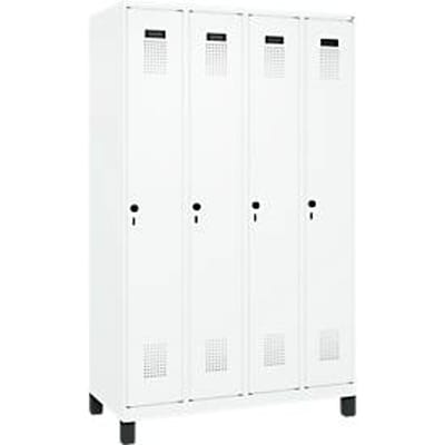 C+P Evolo Plus garderobekast, 4 vakken, 300 mm vakbreedte, met voetjes, rechts scharnierend, veiligheidsdraaigrendel, soft-close, inbraakwerend, B 1200 x D 500 x H 1950 mm, verkeerswit RAL 9016/ verkeerswit RAL 9016