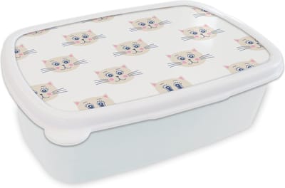 Broodtrommel Wit - Lunchbox - Brooddoos - Katten - Meisje - Pastel - Patroon - Kinderen - 18x12x6 cm - Volwassenen