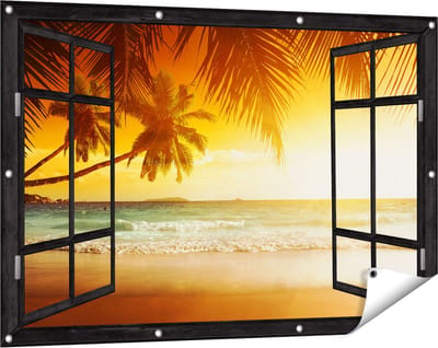 Gards Tuinposter Doorkijk Tropisch Strand tijdens Zonsondergang - 120x80 cm - Tuindoek - Tuindecoratie - Wanddecoratie buiten - Tuinschilderij