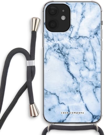 Case Company® - Hoesje met koord geschikt voor iPhone 12 hoesje met Koord - Blauw marmer - Telefoonhoesje met Zwart Koord - Bescherming aan alle Kanten en Over de Schermrand