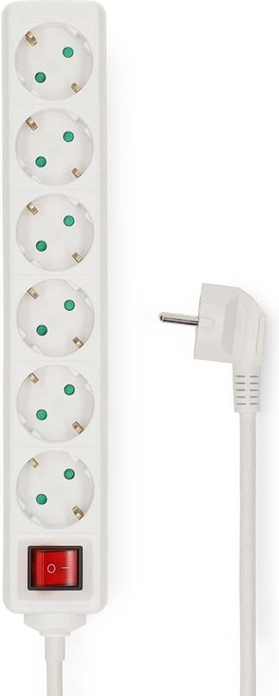 Nedis Stekkerdoos - Randaarde stekker / Type F (CEE 7/7) - 6-wegs - 3.00 m - 3680 W - 16 A - Aan/uit knop - Wit
