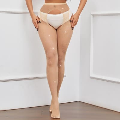 Sexy Open Kruis Strass Lange Kousen Grote Maten Mesh Erotische Panty's Y2K Glitter Diamanten Panty's Visnet Panty's Lingerie One Size beige