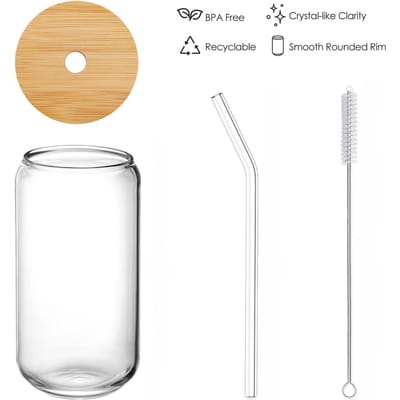 Cocktailbenodigdheden voor bier- en ijskoffiebekers met bamboedeksels en glazen rietjes 400ML beige