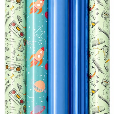 Cadeaupapier – Blue Adventure – (5 STUKS) – 200×70 cm – Ruimte, Skate & Effen Blauw – Inpakpapier – Stoer & Creatief