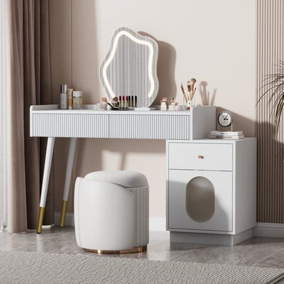 BLACKCOLORS Make-uptafel met led-spiegel en verlichting - Witte make-uptafel voor slaapkamer met drie ruime lades en een deur - Afmetingen: B100/H75/D40 cm (zonder kruk)
