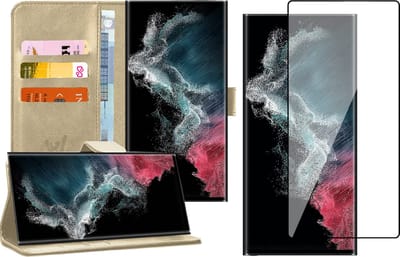 Hoesje geschikt voor Samsung Galaxy S22 Ultra - Book Case Kunstleer Wallet Cover Portemonnee Pasjeshouder Hoes Goud - PET Glasfolie Screenprotector