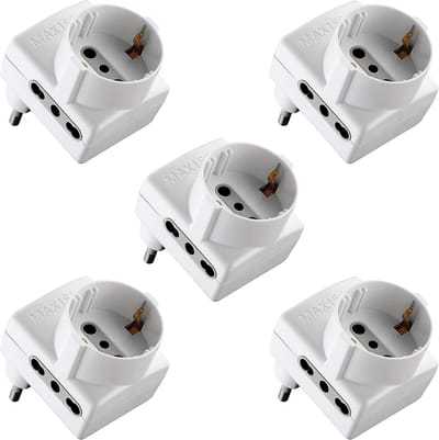 Set van 5 Rechte Verdeelstekkers met Aardcontact - Compact 3-voudig Stroomblok - 230V Wit