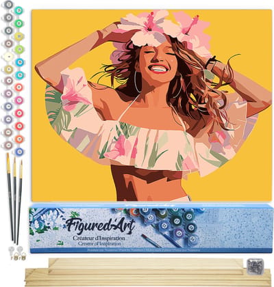 Figured'Art Schilderen op Nummer Volwassenen canvas Vrolijk meisje- Handwerk acrylverf Kit DIY Compleet - 40x50cm met DIY houten lijst
