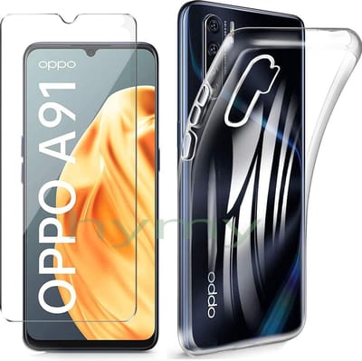 HB Hoesje en Glas Geschikt voor Oppo A91 & Reno 3 Transparant - Siliconen Back Cover + 1x Glazen Screenprotector