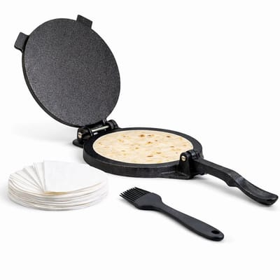 BooGoo® Tortilla Pers Ø20 cm – Gietijzer – Incl. 100 Persvellen, Bakkwast & Recepten E-book – Taco & Roti Maker – Handmatige Tortilla Press
