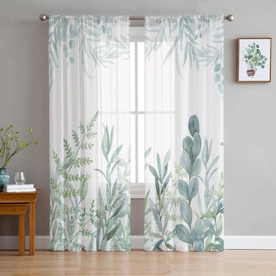 Aquarel Plant Minimalistisch Huis Tule Gordijnen voor Slaapkamer Woonkamer Bedrukte Transparante Gordijnen voor Balkon Zomer Huisdecoratie 135W x 114H(cm) white