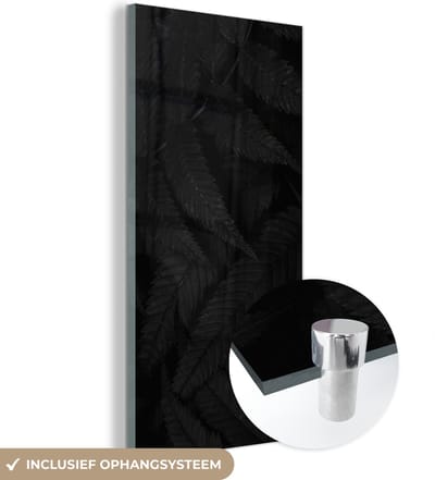 MuchoWow® Glasschilderij 60x120 cm - Schilderij acrylglas - Bladeren - Zwart - Wit - Planten - Botanisch - Foto op glas - Schilderijen