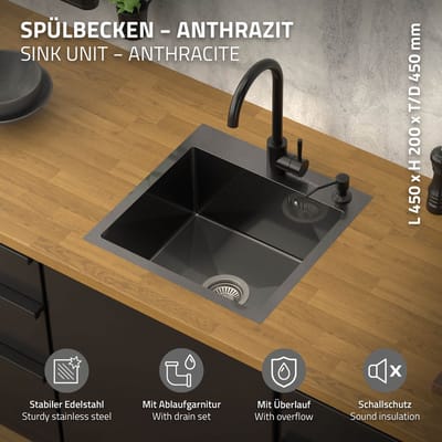 Inbouwspoelbak 45x45 cm antraciet met afvoerset en overloop van roestvrij staal ML-Design