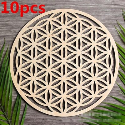 10 stuks Levensbloem Natuurlijk Symbool Hout Ronde Rand Cirkels Gesneden Onderzetter Voor Stenen Kristallen Set DIY Decor Matten Pads 10cm