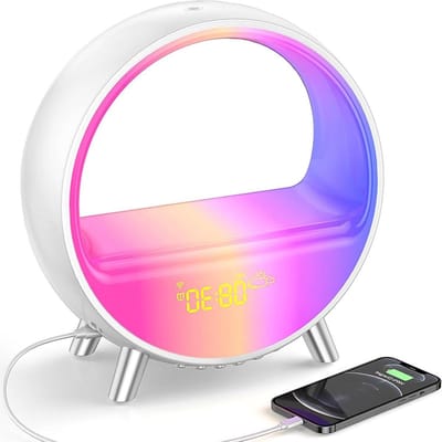 Slimme Wekker - Nachtlampje Klok - Sfeervolle Verlichting - Geïntegreerde Bluetooth Speaker - 15 Watt Opladen - Geel