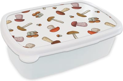Broodtrommel Wit - Lunchbox - Brooddoos - Paddenstoel - Patroon - Cartoon - 18x12x6 cm - Volwassenen