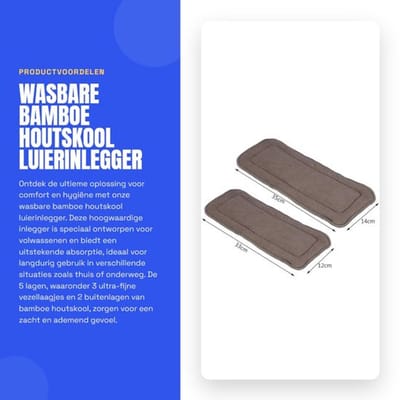 Wasbare Bamboe Houtskool Luierinlegger - Super Absorberend - Maat M - Geschikt voor Volwassenen - 5 Laags - Comfortabel en Veilig