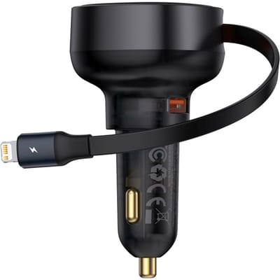 Baseus Enjoyment Pro 55W USB-A Car Charger with Retractable Lightning Cable - Black