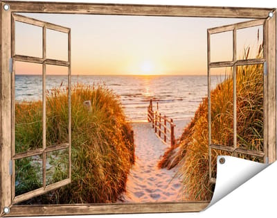 Gards Tuinposter Doorkijk Voetpad in de Duinen met Zonsondergang - 90x60 cm - Tuindoek - Tuindecoratie - Wanddecoratie buiten - Tuinschilderij