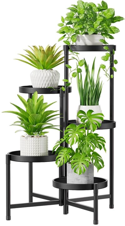 Rosnek 5 Lagen Metaal Plantenrek voor binnen & buiten - Opvouwbaar Zwart Plantenstandaard - Montage zonder schroeven - voor Woonkamer, Balkon & Tuin