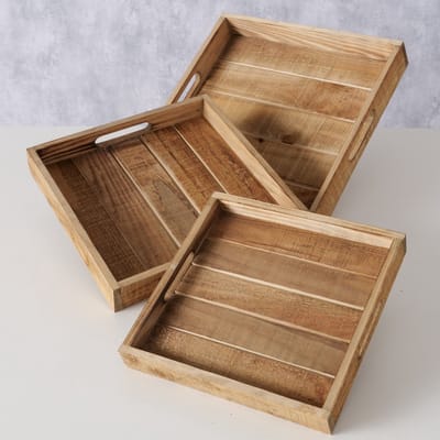 Dienblad - 3 set - Hout - Afmetingen: 24x24x3cm. 28x28x4cm. 32x32x5cm. - Past in elkaar - sfeervol - Naturel