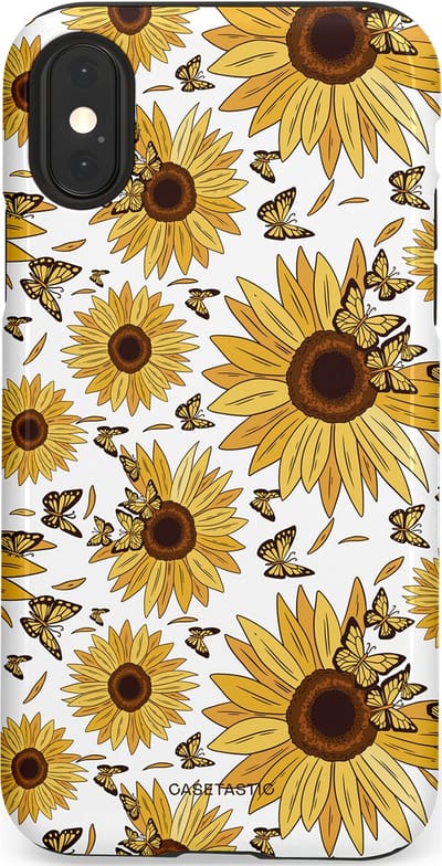Casetastic Hoesje Geschikt voor Apple iPhone X/Xs - Stijlvolle Beschermende Duo-layer Case - Zonnebloem Zomer met vlinders