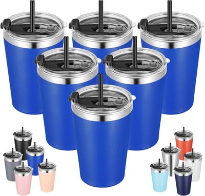 Reisbekers - Thermosbekers - Dranken meenemen - Dubbelwandig RVS - 6 stuks 12 oz - Lichtblauw