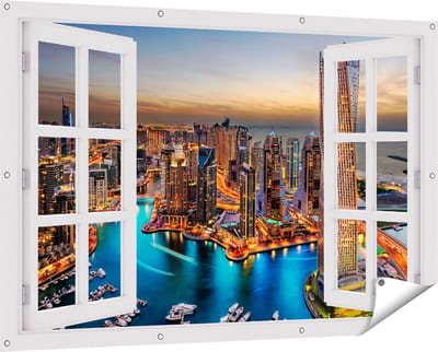 Gards Tuinposter Doorkijk Dubai Haven met de Stad - 150x100 cm - Tuindoek - Tuindecoratie - Wanddecoratie buiten - Tuinschilderij