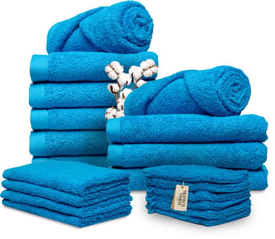 Miss Towels - Familieset - Turquoise - 5 Sterren Hotelkwaliteit Handdoeken - Badlakens - Gastendoekjes - Washandjes - 6+4+4+6 stuks - Made in Portugal