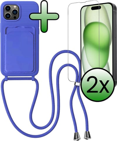 Hoes Geschikt voor iPhone 14 Pro Max Hoesje Pas Houder Case Hoes Met Koord Met 2x Screenprotector - Hoesje Geschikt voor iPhone 14 Pro Max Hoes Met Telefoonkoord Pasjeshouder Cover - Felblauw