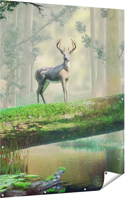Gards Tuinposter Hert in het Bos op een Boom - 120x160 cm - Tuindoek - Tuindecoratie - Wanddecoratie buiten - Tuinschilderij