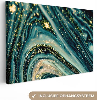 Canvas schilderij 150x100 cm - Wanddecoratie Marmerlook - Luxe - Goud - Turquoise - Glitter - Muurdecoratie woonkamer - Slaapkamer decoratie - Kamer accessoires - Schilderijen op canvas