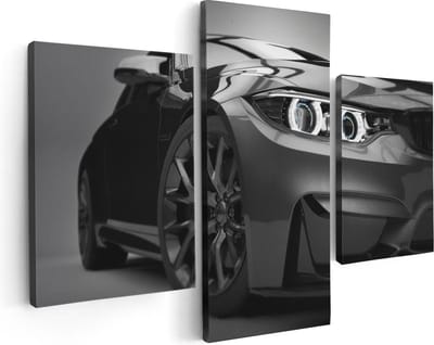 Artaza Canvas Schilderij Drieluik Grijze Sportwagen Auto - Zwart Wit - 90x60 - Foto Op Canvas - Canvas Print
