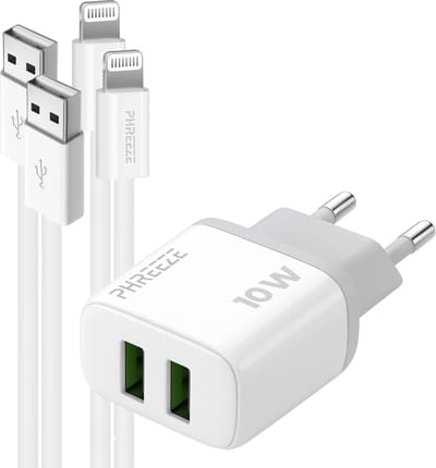 Phreeze usb oplader - Geschikt voor iPhone 14 13 12 11 X XR XS Max Pro Mini Plus en iPad met Lightning kabel - 12 W adapter met 2 kabels