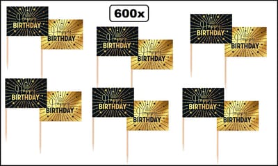 600x Cocktailprikkers Happy Birthday goud/zwart - Vlag prikker Jubileum verjaardag thema feest koperen bruiloft cocktail prikker
