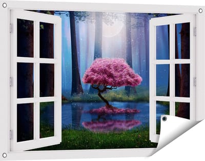 Gards Tuinposter Doorkijk Roze Boom op een Vijver in de Nacht - 90x60 cm - Tuindoek - Tuindecoratie - Wanddecoratie buiten - Tuinschilderij