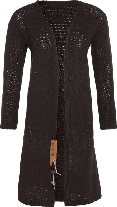 Knit Factory Luna Lang Gebreid Vest Donkerbruin - Gebreide dames cardigan - Lang vest tot over de knie - Donkerbruin damesvest gemaakt uit 30% wol en 70% acryl - Grote maat - 46/48
