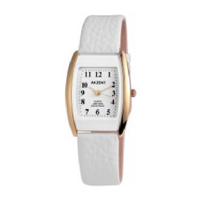 Akzent-model 1900043-002-Dameshorloge-witte band-goudkleurig-rechthoekig/ovaal uurwerk-duidelijke wijzerplaat-3 atm waterdicht-afmeting37x28