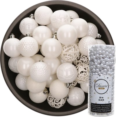 Decoris Kerstballen - 37x stuks - 6 cm - incl. kralenslinger 10 m - wit - kunststof