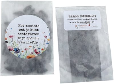 10 zakjes biologische Zonnebloemzaden, Het mooiste wat je kunt achterlaten zijn sporen van liefde, verdriet, condolatie, afscheid, rouw,attentie , condoleance, uitdeel zadenzakje, zadenzakjes afscheid,